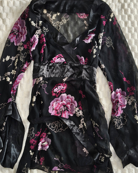 black whimsical tie up blouse